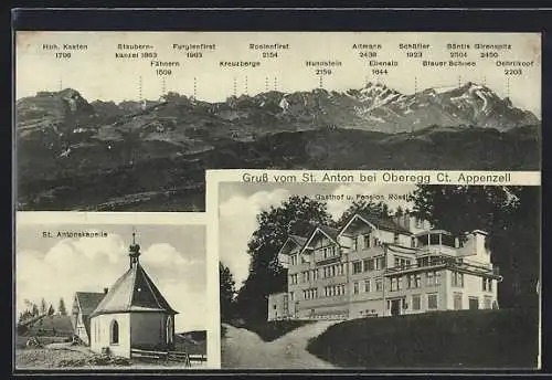 AK St. Anton bei Oberegg, St. Antonskapelle, Gasthof Rössle und Bergpanorama