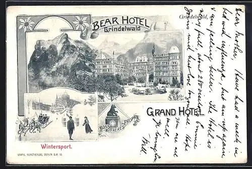 Lithographie Grindelwald, Bear Hotel, Grand Hotel, Platz im Schnee