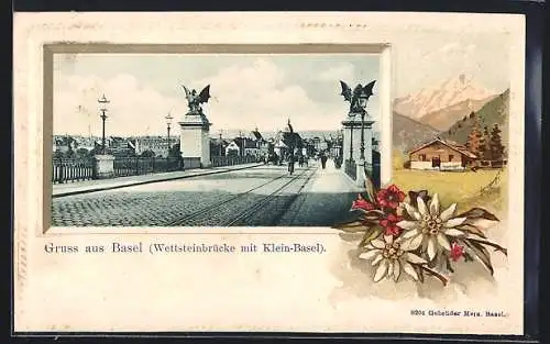 Präge-AK Basel, Wettsteinbrücke mit Klein-Basel und Edelweiss