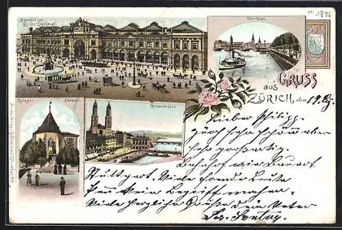 Lithographie Zürich, Bahnhof, Grossmünster und Zwingli-Denkmal