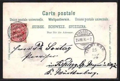 Lithographie Zürich, Bahnhof, Grossmünster und Zwingli-Denkmal