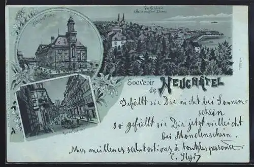 Mondschein-Lithographie Neuchatel, Hotel des Postes, Rue de l`Hopital, Vue generale