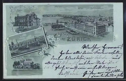 Mondschein-Lithographie Zürich, Theater, Quaibrücke und Restaurant Zürichhorn