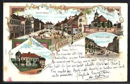 Lithographie Chaux de Fonds, Place du Marché, Belair, Rue Leopold-Regent