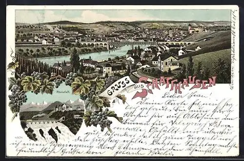 Lithographie Schaffhausen, Teilansicht mit Brücke, Rheinfall