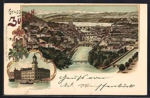 Lithographie Zürich, Postgebäude, Panoramablick auf Stadt und See