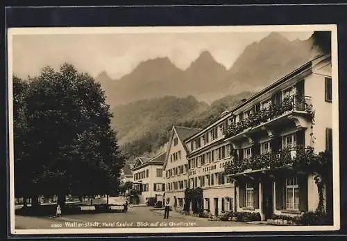 AK Wallenstadt, Hotel Seehof, Blick auf die Churfirsten