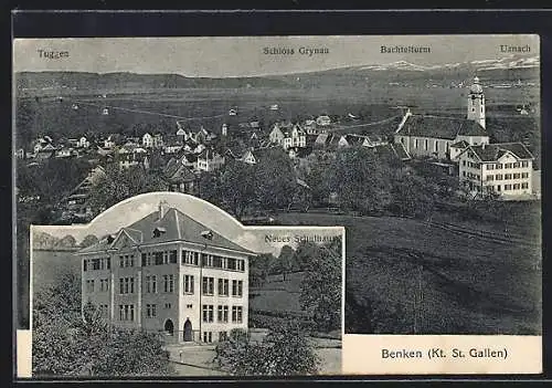 AK Benken /Kt. St. Gallen, Neues Schulhaus, Panorama