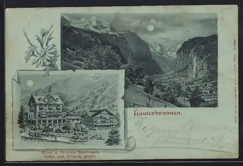 Mondschein-AK Lauterbrunnen, Hotel und Pension Staubbach der Gebr. von Allmen, Panorama