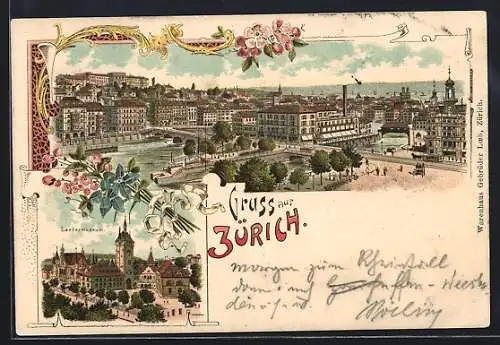 Lithographie Zürich, Ortsansicht aus der Vogelschau, Landesmuseum