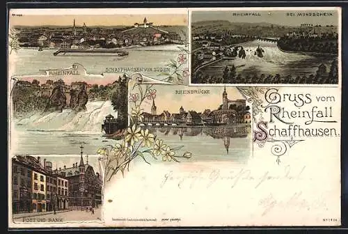 Lithographie Schaffhausen, Rheinfall, Post und Bank, Rheinbrücke