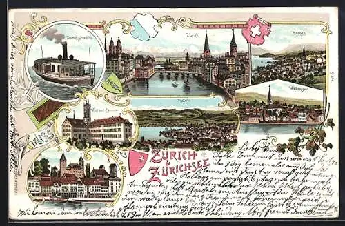 Lithographie Zürich, Panorama, Dampfschwalbe auf dem Zürichsee, Wädensweil, Küssnacht-Seminar