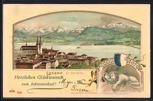 Lithographie Luzern, Teilansicht mit den Alpen, Löwendenkmal