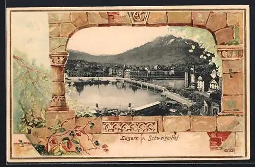 Passepartout-Lithographie Luzern, Blick zum Ort vom Schweizerhof, Dampfer