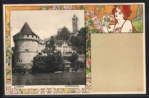 Passepartout-Lithographie Luzern, Nölletthurm im Sonnenschein, Frau riecht an Rosen