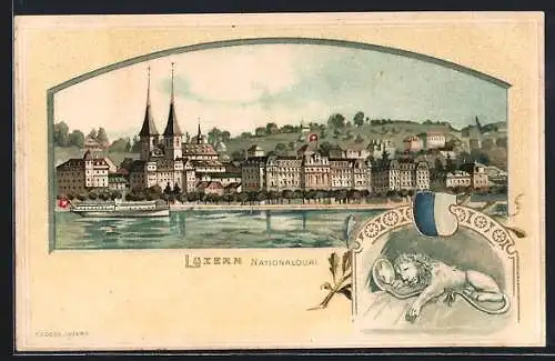 Passepartout-Lithographie Luzern, Nationalquai, Löwendenkmal