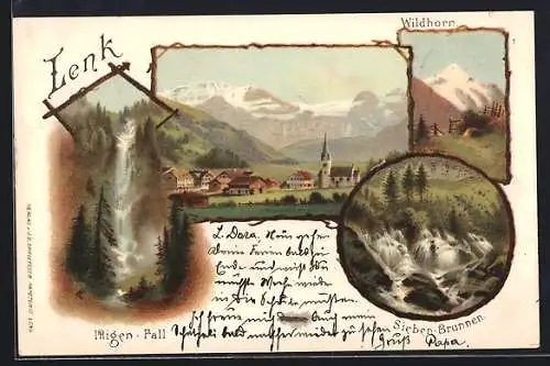 Lithographie Lenk, Ortsansicht, Sieben-Brunnen, Ittigen-Wasserfall