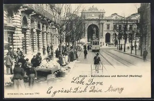 AK Zürich, Bahnhofstrasse und Bahnhof am Markttag, Strassenbahn