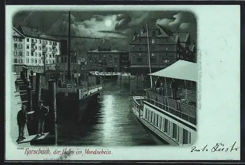 Mondschein-Lithographie Rorschach, Dampfer im Hafen