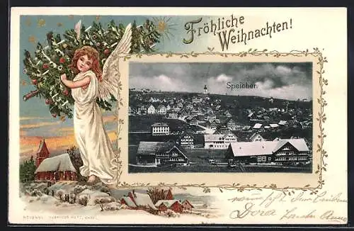 Passepartout-Lithographie Speicher, Ortsansicht, Weihnachtsengel mit Christbaum