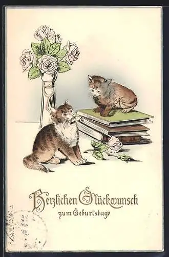 AK Katzen sitzen unter einem Strauss Rosen auf einem Bücherstapel, Neujahr