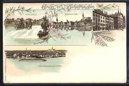 Lithographie Schaffhausen, Rheinfall, Rheinbrücke, Post und Bank