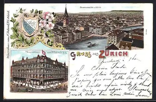 Lithographie Zürich, Panorama der Stadt, Wappen, Pferdebahn am Warenhaus