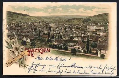 Lithographie Herisau, Panorama mit Fernsicht