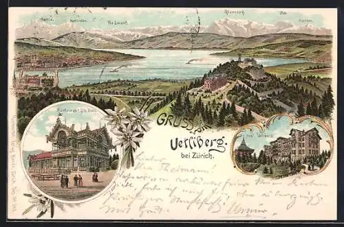 Lithographie Zürich, Uetliberg, Hotel Uetliberg, Restaurant Uto Kulm, Panorama um 1900