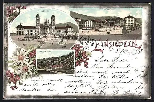 Lithographie Einsiedeln, Kloster, Hauptplatz, Frauenkloster