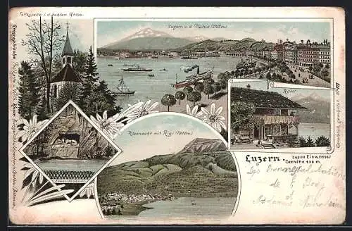 Lithographie Luzern, Tellkapelle i. d. Hohlen Gasse, Rütli, Küssnacht mit Rigi