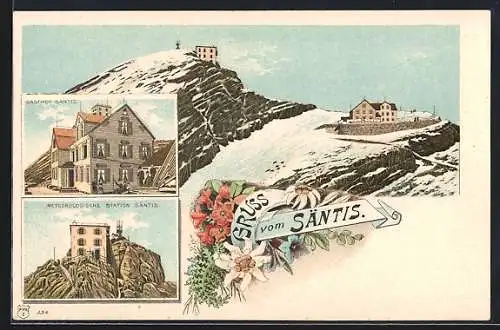 Lithographie Schwägalp, Gasthaus Säntis und Meteorolische Station