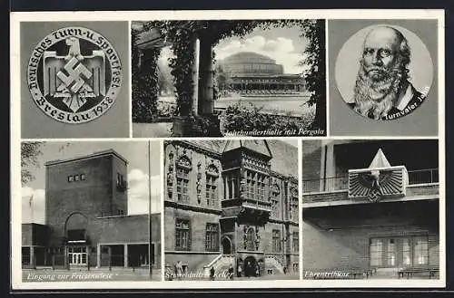 AK Breslau, Sportfest 1938, Jahrhunderthalle, Turnvater Jahn, Schweidnitzer Keller, Ehrentribüne, Eingang, Friesenwiese