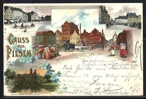 Lithographie Pilsen, Strassenpartie mit Gebäudeansicht, Uferpartie mit Kirche, Marktplatz