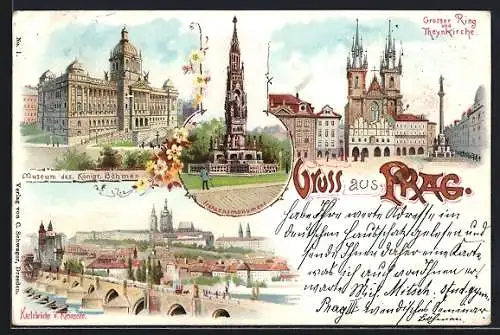 Lithographie Prag / Praha, Museum des Königreiches Böhmen, Grosser Ring und Theynkirche