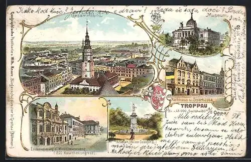 Lithographie Troppau /Oppa, Museum, Rathaus und Sparkassa, Landesregierung und Minoritenconvent