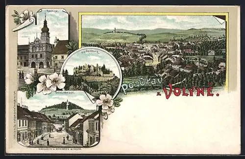 Lithographie Volyne, Helfenburk, Radnice, Dolni namesti, Panorama