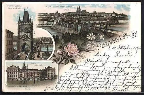 Lithographie Prag / Praha, Altstädter Brückenturm, K.k. Burg, Karlsbrücke u. Kleinseite