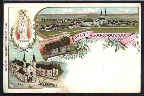 Lithographie Philippsdorf, Das Gnadenhaus, Kirche, Panorama