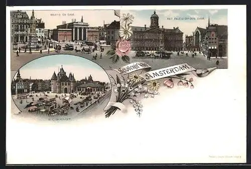 Lithographie Amsterdam, Beurs en Dam, Nieuwmarkt, Het Paleis op den Dam