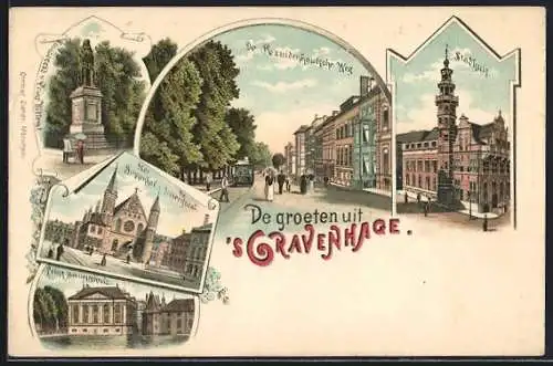 Lithographie `s Gravenhage, Stadhuis, de Bezuidenhoutsche Weg, Binnenhof