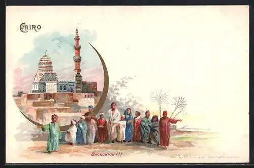 Lithographie Cairo, Teilansicht mit Moschee, Bettelnde Kinder