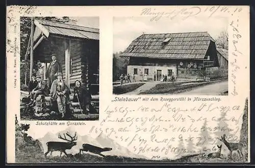 AK Mürzzuschlag, Gasthaus Steinbauer mit dem Roseggerstübl, Schutzhütte am Ganzstein