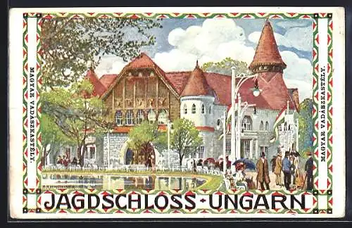 Künstler-AK H. Kalmsteiner: Wien, I. Internationale Jagd-Ausstellung 1910, Partie am Jagdschloss Ungarn