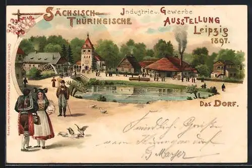 Lithographie Leipzig, Sächsisch-Thüringische Industrie- und Gewerbe-Ausstellung, 1897, Dorf mit Teich und Vögeln