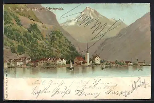 Lithographie Fluelen am Urnersee, Ortsansicht mit Bristenstock vom See her