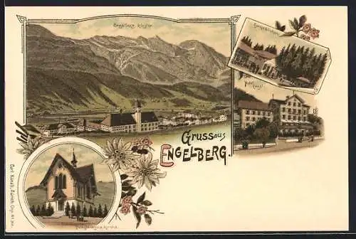 Lithographie Engelberg, Hotel Engel, Gasthof Eyenwäldchen, Protestantische Kirche