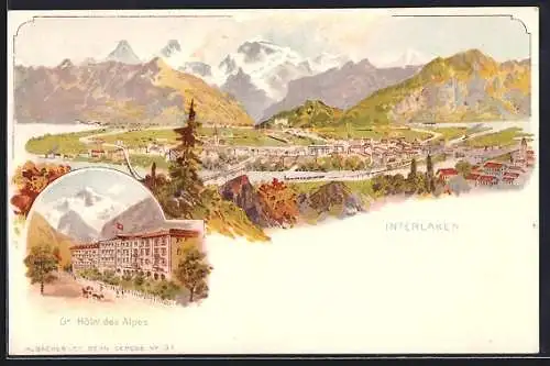 Lithographie Interlaken, Gesamtansicht mit Alpenpanorama, Hotel des Alpes