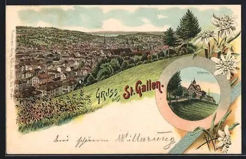 Lithographie St. Gallen, Restaurant Falkenburg, Gesamtansicht