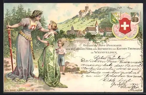 Lithographie Weinfelden, 100 jährige Feier der Berfreiung des Kantons Thurgau, Helvetia